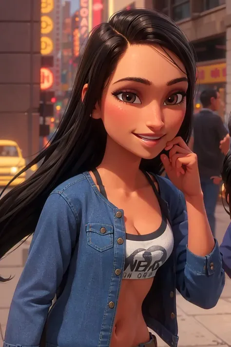 portrait, looking at viewer, smile, parted lips,
pocahontasodd, 1girl, solo female, black hair, hair tied back, brown eyes, ear-rings, dark-skinned female,
medium breasts, cleavage, black bra top, navel, denim jacket, white pants, hippie,
outdoors, busting city, new york, volumetric lighting, realistic, blurred background, depth of field, masterpiece, best quality
<lora:Pocahontas_ODD:0.65>