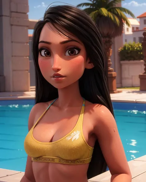 portrait, upperbody, looking at viewer, expressionless, parted lips
pocahontasodd, 1girl, solo female, black hair, long hair, blunt ends, brown eyes, dark-skinned female,
medium breasts, bikini, wetbody, cleavage,
outdoors, pool, volumetric lighting, realistic, blurred background, depth of field, masterpiece, best quality
<lora:Pocahontas_ODD:0.65>