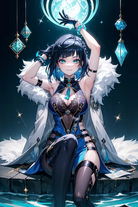 (masterpiece), (highres), yelan, 1girl, solo, looking at viewer, smile, short hair, large breasts, black hair, gloves, dress, cleavage, jewelry, sitting, green eyes, blue hair, jacket, flower, earrings, sleeveless, black gloves, elbow gloves, white gloves, blunt bangs, armpits, water, mole, high heels, arms up, bracelet, fur trim, blue dress, white jacket, tassel, knee up, mole on breast, jacket on shoulders, vision (genshin impact), fur-trimmed jacket, dice, diagonal bangs, <lora:yelan-07:0.6>