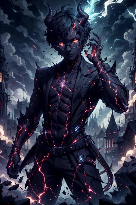 <lora:HpBurntAF:0.6> hpburntaf, (masterpiece, best quality, detailed), 1boy, demon, small horns, wearing classy clothes, adjusting tie, glasses, short hair, dark skin, glowing eyes, half shot, <lora:ThunderMagic:0.8> thundermagic, electric aura,