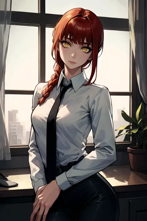 masterpiece,, best quality, beautiful lighting, RAW photo, 8k uhd, film grain,(  <lora:makimaChainsawMan_offset:1>:0.7)makima \(chainsaw man\), 1girl, absurdres, bangs, indoors, black necktie, black pants, braid, braided ponytail, collared shirt, cowboy shot, highres, long hair, long sleeves, necktie, red hair, ringed eyes, shirt, sidelocks, solo, uniform, white shirt, yellow eyes, small breasts