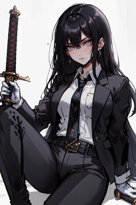 Goth girl, goth girl 1girl, 1girl,solo,long hair,looking at viewer,bangs,shirt,black hair,gloves,long sleeves,holding,hair between eyes,jewelry,sitting,closed mouth,jacket,white shirt,weapon,earrings,necktie,black gloves,collared shirt,belt,pants,sword,holding weapon,black jacket,grey eyes,holding sword,black pants,formal,katana,suit,sheath,black necktie,knee up,sheathed,black suit, earrings, <lora:Goth_girl-v2S:0.8>