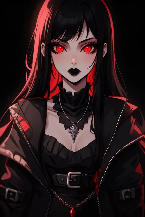 Goth girl 1girl, goth girl, 1girl,solo,long hair,looking at viewer,red eyes, black hair,jewelry,necklace, makeup,lipstick,black background,portrait,glowing eyes, <lora:Goth_girl-v2:0.8>