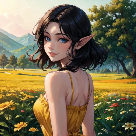 beautiful, (masterpiece:1.2), (best quality:1.2), elf, 1girl, black hair, blue eyes, smile, yellow sundress, from behind, looking at viewer, field of flowers, perfect lighting, mature