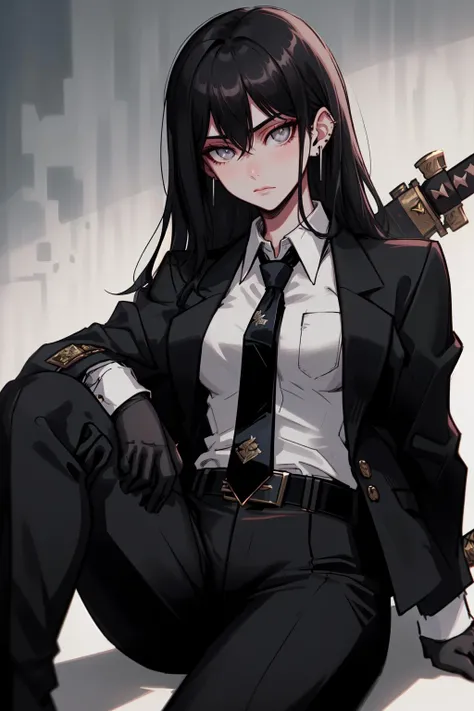 Goth girl, goth girl 1girl, 1girl,solo,long hair,looking at viewer,bangs,shirt,black hair,gloves,long sleeves,holding,hair between eyes,jewelry,sitting,closed mouth,jacket,white shirt,weapon,earrings,necktie,black gloves,collared shirt,belt,pants,sword,holding weapon,black jacket,grey eyes,holding sword,black pants,formal,katana,suit,sheath,black necktie,knee up,sheathed,black suit, <lora:Goth_girl-v2S:0.8>