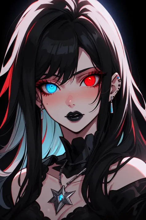 Goth girl 1girl, goth girl, 1girl,solo,long hair,looking at viewer,red eyes, blue eyes, (different eyes), (heterochromia), (black hair),jewelry,necklace, makeup,lipstick,black background,portrait,glowing eyes, red light,