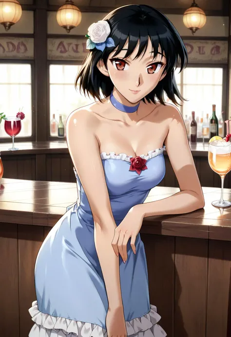 <lora:tsukamoto_yakumo_ponyxl_DoRA_v4:1>, tyakumo, red eyes, solo, feet out of frame, looking at viewer, standing, blue strapless dress, blue choker, frilled dress, white rose, hair flower, light smile, cocktail glass, elbow rest,
indoors, bar,
score_9, score_8_up, score_7_up, score_6_up, anime