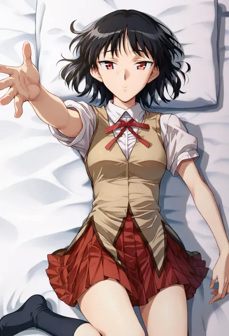 <lora:tsukamoto_yakumo_ponyxl_DoRA_v4:1>, tyakumo, black hair, medium hait, bob cut, solo, from above, school uniform, brown vest, white collared shirt, puffy short sleeves, red neck ribbon, red pleated skirt, full body, looking at viewer, half-closed eyes, lying, knees up, on back, on bed, reaching towards viewer, black socks,
score_9, score_8_up, score_7_up, score_6_up, anime coloring