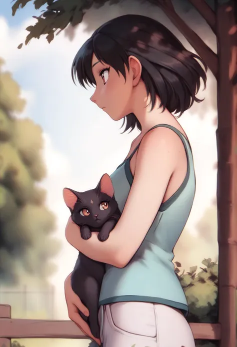 1girl, <lora:tsukamoto_yakumo_ponyxl_DoRA_v4:1>, tyakumo, from side, profile, upper body, looking ahead, standing, teal sleeveless shirt, white pants, tree, blurry background, cloudy sky, fence, bush, holding cat, black cat,
score_9, score_8_up, score_7_up, score_6_up, anime coloring, <lora:PersonalAmi_PonyXL_resize:1>