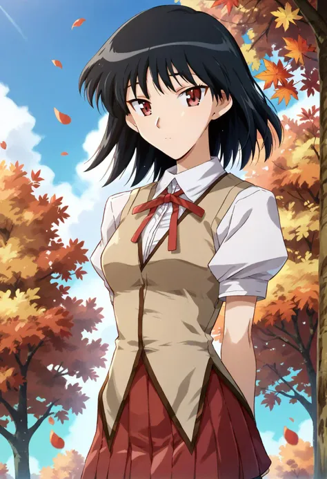 1girl, <lora:tsukamoto_yakumo_ponyxl_DoRA_v4:1>, tyakumo, solo, arms behind back, looking at viewer, cowboy shot, standing, floating hair,
school uniform, brown vest, white collared shirt, puffy short sleeves, red neck ribbon, red pleated skirt, black socks,
tree, cloudy sky, blue sky, autumn, falling petals,
score_9, score_8_up, score_7_up, score_6_up, anime coloring