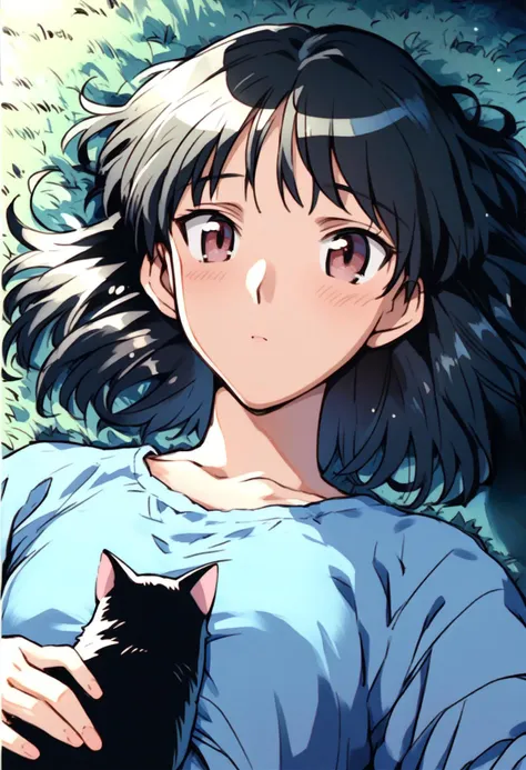 1girl, <lora:tsukamoto_yakumo_ponyxl_DoRA_v4:1>, tyakumo, solo, upper body, looking at another, lying, on back, blue shirt, long sleeves, dark, night, on grass, bush, black cat, cat on chest,
score_9, score_8_up, score_7_up, score_6_up, anime coloring, uncensored