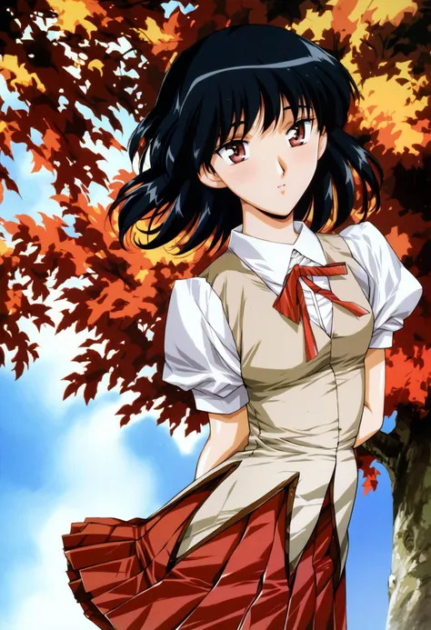 1girl, <lora:tsukamoto_yakumo_ponyxl_DoRA_v4:1>, tyakumo, solo, arms behind back, looking at viewer, cowboy shot,
school uniform, brown vest, white collared shirt, puffy short sleeves, red neck ribbon, red pleated skirt, black socks,
tree, cloudy sky, blue sky,
score_9, score_8_up, score_7_up, score_6_up, anime coloring, <lora:UrushiharaSatoshi_XL_PONY_V2:0.8>