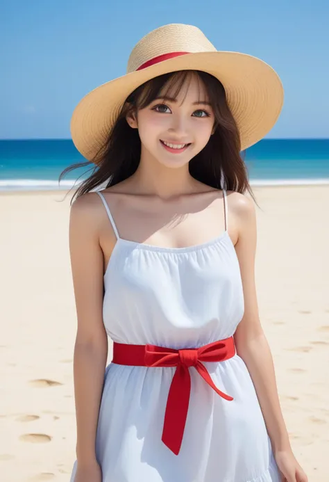 1girl, teen (white camisole dress, straw hat, red sash belt:1.5) (cute,sweet,smile,bare face,big eyes, open mouth:1.4) black hair, straight hair, long hair (cowboy shot, dynamic pause, dynamic angle, walk on sandy beach, blue sky, white cloud, blue sea:1.3) BREAK japanese, japanese idol, black eyes (best quality, ultra high res, Realistic, RAW photo, real person, portrait photography, photorealistic, detailed skin, fair skin, beautiful detailed eyes) <lora:neg4all_bdsqlsz_xl_V7:0.8>