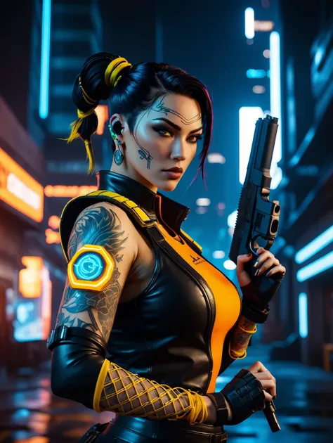 cinematic photo of Chun-Li (Street Fighter) as a cyberpunk style assassin is holding a high-tech gun with face tattoos, ready to fire the gun, wariza, 
assassin is wearing a Orange-yellow (Crayola) neon high-tech armor, wires and cables are connected to the assassin head and body,
The background is outside of cyberpunk neon building, night time, long distance shot, fisheye view, from above shot, high-tech sense atmosphere, (sfw:1.331), 35mm photograph, film, bokeh, professional, 4k, highly detailed