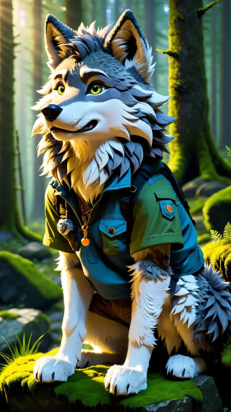 in the forest sitting on a mossy stone, (fluffy anthro furry:1), Fluffy curly fur, backlit by sunrise, (remarkable detailed eyes, perfect mouth), male, (wolf:1), cargo shorts, asymmetrical hair, detailed background, masterpiece, best quality, absurd res, subsurface scattering, cinematic lighting