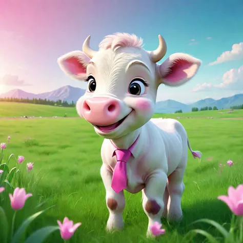 cute white calf in a pink boss suite, ((cute smile)), green field of grass, (cartoonish), ((no objects on ears))