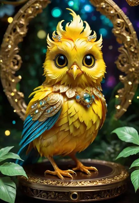 A small and cute yellow canary spawns an adorable non-human celestial animal in the celestial and fantasy style. the animal is supposed to be the most beautiful animal ever created. Consider details such as soft, feathers, silk, satin, shimmer and shimmer. Include subtle details of ghostly iridescence. emphasize small fancy details and ornate jewelry. Camera: Use interesting and dynamic composition. increase visual interest. lighting: use ambient lighting that enhances the atmosphere of the fantasy. include bright colors and deep shadows. hires, detailed eyes, hires detailed eyes, hires small details, elaborate details, ornate, 8k, shimmer, unity, official cgi unreal engine, high resolution, (((masterpiece))), high quality, high resolution, detail enhancement, (bright and light-eyed),