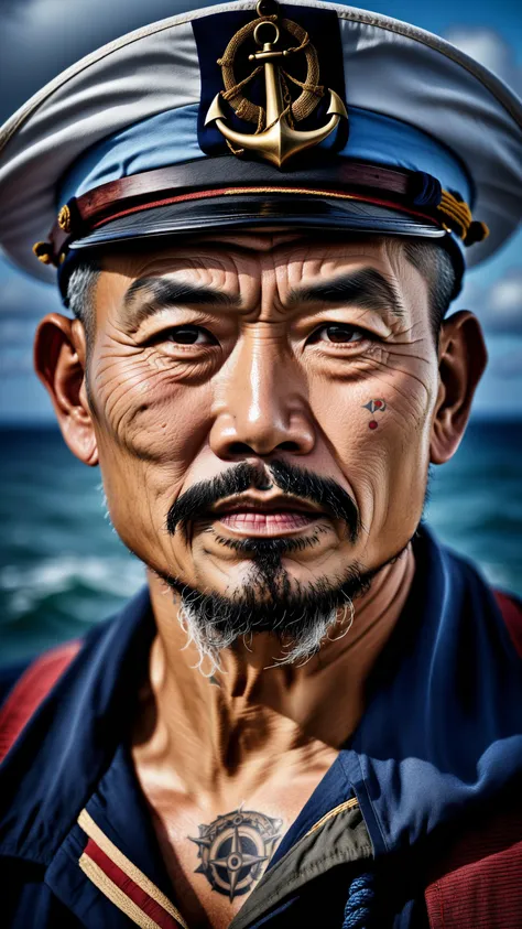 Hyper detailed photograph of a captivating portrait of a wise and weathered middle aged sailor, asian male, goatee, adorned with nautical tattoos and a rugged expression that tells tales of countless voyages, award winning realistic photograph by the world best portrait photographer, overcast day, vivid fantasy colours, nikon, award winning, breathtaking, groundbreaking, superb, outstanding, lensculture landscape awards, photoshopped, evenly lit features, 8k, hi res