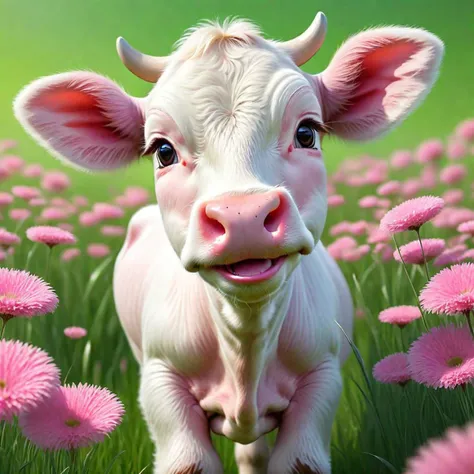 photorealistic, (cute white calf in a pink boss suite), ((cute smile)), green field of grass, ((no objects on ears)), (cartoonish:0.5)