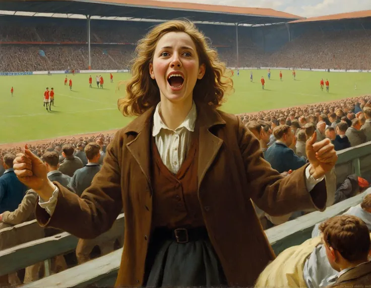 woman cheers at football match, stade, Albert Anker oil painting