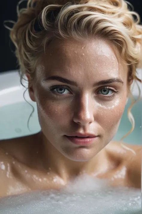 Cropped out face, A up close selfie photo of a 30 year old blonde Sensual european woman enjoying bubble bath, ultra detailed, dramatic, atmospheric,, (freckles:0.7), looking intensive at viever