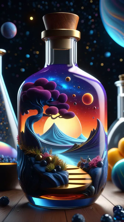 the entire observable universe in a single bottle, Dreamlike, Surreal landscapes, Mystical creatures, Twisted reality, Surreal still life, (Extremely Detailed Oil Painting:1.2), glow effects, godrays, Hand drawn, render, 8k, cartoon, octane render, cinema 4d, blender, dark, atmospheric 4k ultra detailed, cinematic sensual, Sharp focus, humorous illustration, big depth of field, Masterpiece, colors, 3d octane render, 4k, concept art, trending on artstation, hyperrealistic, Vivid colors, extremely detailed CG unity 8k wallpaper, trending on ArtStation, trending on CGSociety, Intricate, High Detail, dramatic, (masterpiece), (best quality), (ultra-detailed), (unrealengine), (octanerender), (HDR)