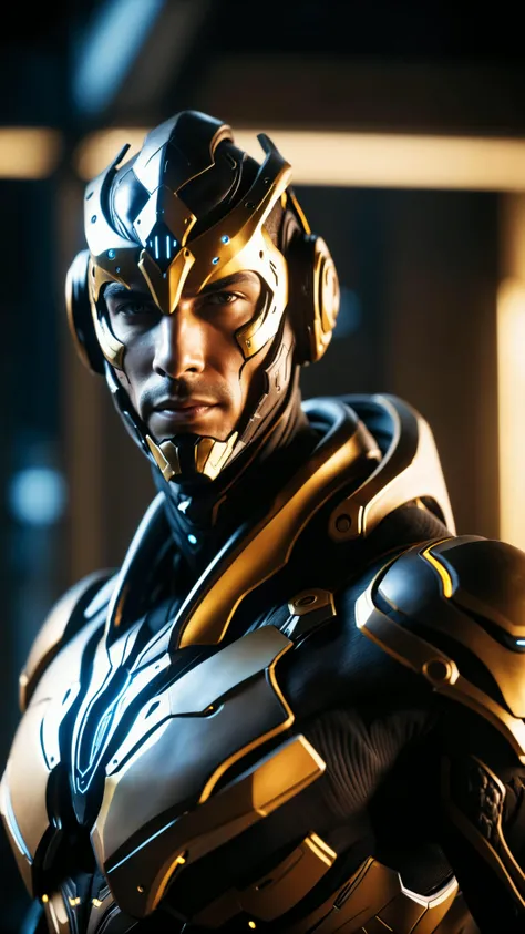 best quality, cgunity, 8k, raw photo of (beautiful:1.2) cyborg man, warframe style, black gold, ultra detailed, ambient light, volumetric lighting, realistic, realistic lighting, cinematic lighting, depth of field, sharp focus, dynamic pose, face focus, looking at viewer, (high contrast:1.2), (film grain)