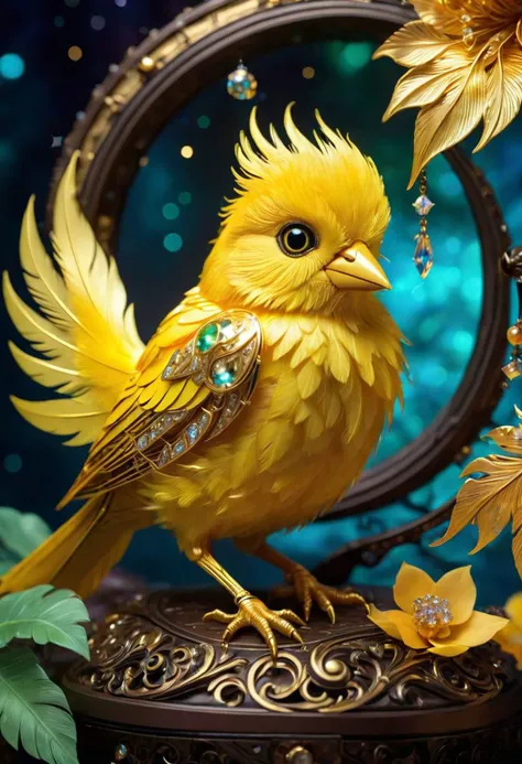 A small and cute yellow canary spawns an adorable non-human celestial animal in the celestial and fantasy style. the animal is supposed to be the most beautiful animal ever created. Consider details such as soft, feathers, silk, satin, shimmer and shimmer. Include subtle details of ghostly iridescence. emphasize small fancy details and ornate jewelry. Camera: Use interesting and dynamic composition. increase visual interest. lighting: use ambient lighting that enhances the atmosphere of the fantasy. include bright colors and deep shadows. hires, detailed eyes, hires detailed eyes, hires small details, elaborate details, ornate, 8k, shimmer, unity, official cgi unreal engine, high resolution, (((masterpiece))), high quality, high resolution, detail enhancement, (bright and light-eyed),