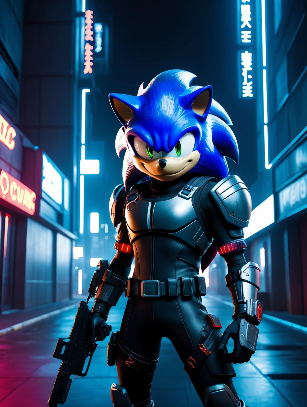 cinematic photo of Sonic the Hedgehog (Sonic the Hedgehog) as a cyberpunk style assassin is holding a high-tech gun with face tattoos, ready to fire the gun, proud pose,
assassin is wearing a Black olive neon high-tech armor, wires and cables are connected to the assassin head and body,
The background is outside of cyberpunk neon building, night time, long distance shot, fisheye view, from above shot, high-tech sense atmosphere, (sfw:1.331), 35mm photograph, film, bokeh, professional, 4k, highly detailed