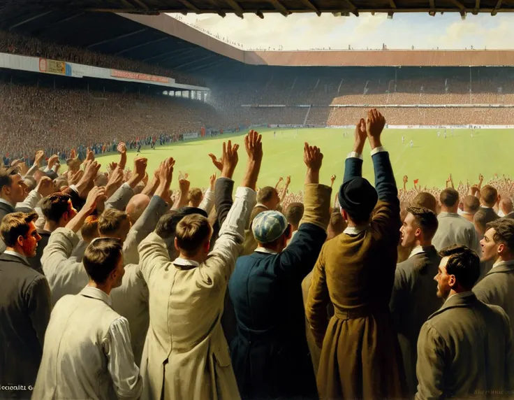 people cheer at football match, stade, fcz, Albert Anker oil painting