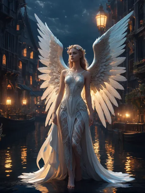 (masterpiece,best quality, ultra realistic, 32k, RAW photo, detailed skin, 8k uhd, high quality:1.3), beautiful angel near a fantasy dock, gothic, celestial, cozy, mysterious, award-winning photography, glitchcore, saturated, stylized, detailed, studio quality, raytracing, ambient occlusion, full body