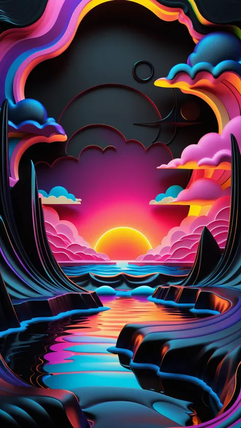 in the style of artgerm, comic style,3D model, mythical seascape, negative space, space quixotic dreams, temporal hallucination, psychedelic, mystical, intricate details, very bright neon colors, (vantablack background:1.5), pointellism, pareidolia, melting, symbolism, very high contrast, chiaroscuro