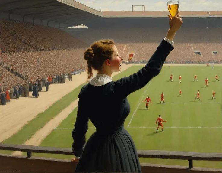 woman cheers at football match, stade, Albert Anker oil painting