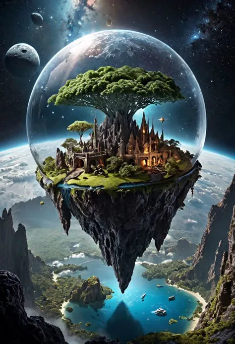 (large floating island in outerspace) dome, comet, fantasy, mystical, hyper-realism, realistic, masterpiece, intricate details, best quality, highest detail, professional photography, detailed background, depth of field, insane details, intricate, aesthetic, photorealistic,