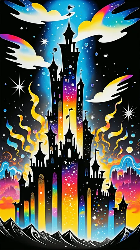 mythical sky city of the celestial gods, negative space, calligraphy handwriting, quixotic hallucination, psychedelic, mystical, intricate details, colorful metal flake ionized chrome metal colors, (vantablack background:1.5), melting, symbolism, very high contrast, chiaroscuro