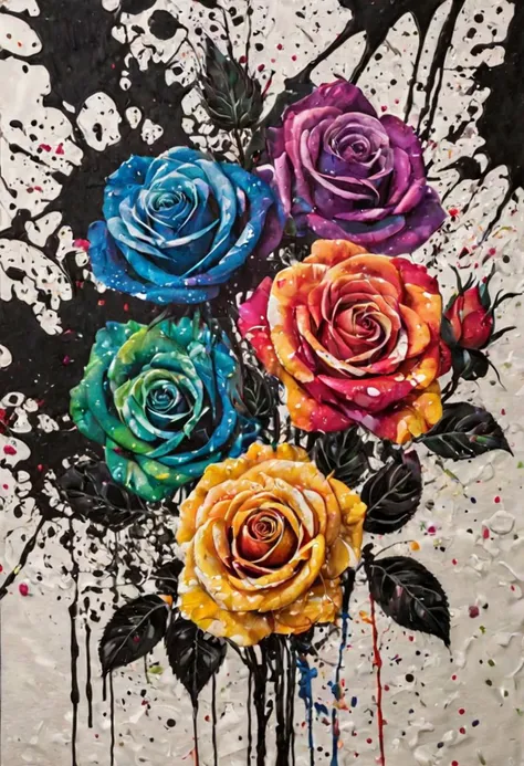 Splattered black ink, rainbow roses on a paper canvas, with splashes of water surrounding the flowers