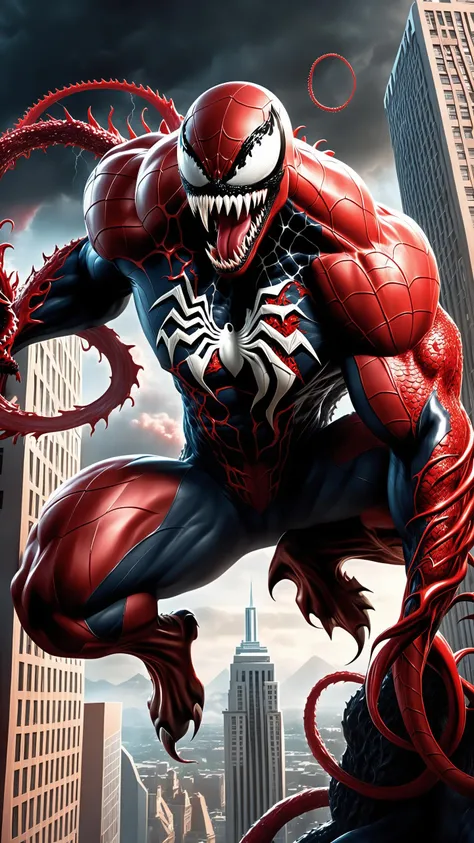 (Postal dude), perfect mix between Carnage from Marvel and Godzilla, with Carnage's red tentacles protruding from his entire body, destroying city, blood, epic, (cataclysmic, white eyes like venom, gargantuan, taller than buildings, oversized, gigantic:1.9), absurdres, best quality, fantasy style, (intricate details), (hyperdetailed), 8k hdr, high detailed, lot of details, high quality, soft cinematic light, dramatic atmosphere, atmospheric perspective