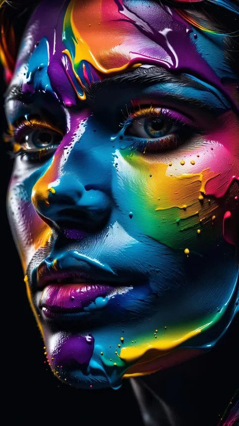 Colorful ink cascaded the canvas, forming human face. photo, studio lighting, sony a7, 35mm, hyperrealistic, big depth of field, concept art, colors, hyperdetailed, hyperrealistic, (big depth of field), (moody lighting), (ambient light), ((cinematic))