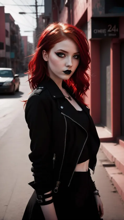 dark shot, city street, pastel goth, sexy goth girl, photo of cute 24 years old redhead woman, cinematic shot, hard shadows, photorealistic, cute face, looking at viewer, abstract portrait of 1girl, undefined gender, fragmented visual style, red and black color palette, evokes feelings of rebellion, passion, and freedom, blurred boundaries, high resolution, aesthetic