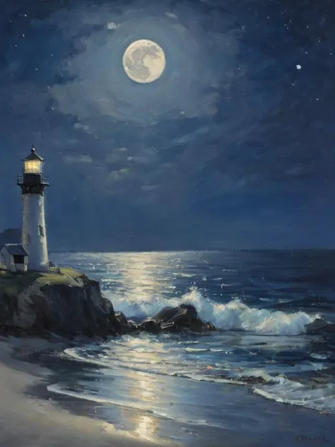 bichu, oil painting, <lora:oil painting.safetensors:1.0>, A High resolution oil painting, visible brushstrokes, masterpiece, a moonlit beach with gentle waves lapping the shore, a lighthouse in the distance, and the full moon casting a silver glow on the water, in the style of John Stanley, midnight blue and silver <lora:EldritchImpressionismXL1.5:1>