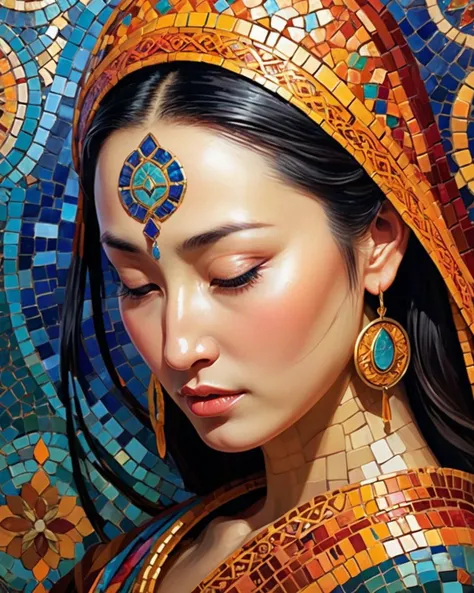 Moroccan mosaic art concept art, award winning, Exhausted buff Tang Dynasty Kwan Yin, Spartan, Pocket Square, Bokeh, Abstract Expressionism, Cold Lighting, Fujicolor, vintage, concept art . Zellige tilework, geometric patterns, vibrant colors, intricate details, reminiscent of Moroccan art