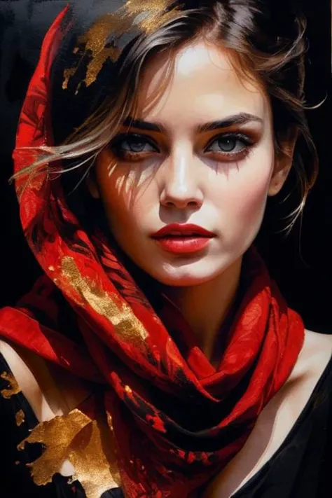 breathtaking portrait of a gorgeous girl, sultry, red scarf, dark gold and black, gossamer fabrics, jagged edges, eye-catching detail, insanely intricate, vibrant light and shadow , beauty, paintings on panel, textured background, captivating, stencil art, style of oil painting, modern ink, watercolor , brush strokes, negative white space
