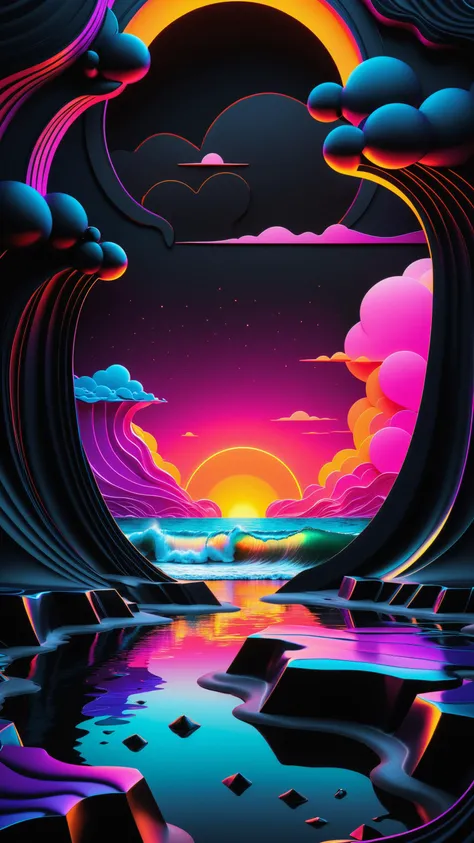 in the style of artgerm, comic style,3D model, mythical seascape, negative space, space quixotic dreams, temporal hallucination, psychedelic, mystical, intricate details, very bright neon colors, (vantablack background:1.5), pointellism, pareidolia, melting, symbolism, very high contrast, chiaroscuro
