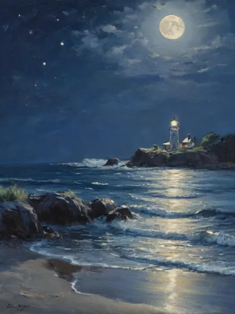 bichu, oil painting, <lora:oil painting.safetensors:1.0>, A High resolution oil painting, visible brushstrokes, masterpiece, a moonlit beach with gentle waves lapping the shore, a lighthouse in the distance, and the full moon casting a silver glow on the water, in the style of John Stanley, midnight blue and silver <lora:EldritchImpressionismXL1.5:1>