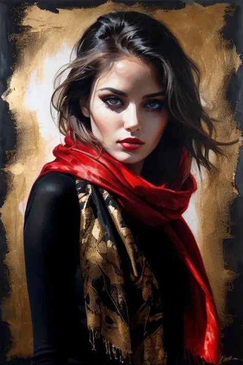 breathtaking portrait of a gorgeous girl, sultry, red scarf, dark gold and black, gossamer fabrics, jagged edges, eye-catching detail, insanely intricate, vibrant light and shadow , beauty, paintings on panel, textured background, captivating, stencil art, style of oil painting, modern ink, watercolor , brush strokes, negative white space