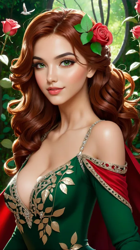 dynamic pose, dynamic angle, looking at viewer, (seductive_smile:1.1), (masterpiece:1.3), (high quality:1.3), (best quality:1.3), official wallpaper, official art, 25 year old young, (pointy ears:1.26), (reddish hair:1.3), almond eyes, (green eyes:1.1), [long hair], [curly hair], (eye shadow:1.1), 162cm tall, oval face, snub nose, heart-shaped lips, (arched eyebrows:1.1), (skinny:1.1), ballgown, rhg, a woman in a red cape, wearing cosmic dress, wearing a ballgown, roses, floral, silver, gold, red, black, green, birds, beautiful face, perfect face, perfect eyes, perfect skin, detailed eyes, detailed hair, detailed face, detailed lips, sharp focus, detailed, extremely detailed, extremely intricate, cinematic lighting, vibrant colors, (closed mouth:1.5), forest, (epic scenery:1.21), (beautiful scenery:1.21), (detailed scenery:1.21), (intricate scenery:1.21), (wonderful scenery:1.21)