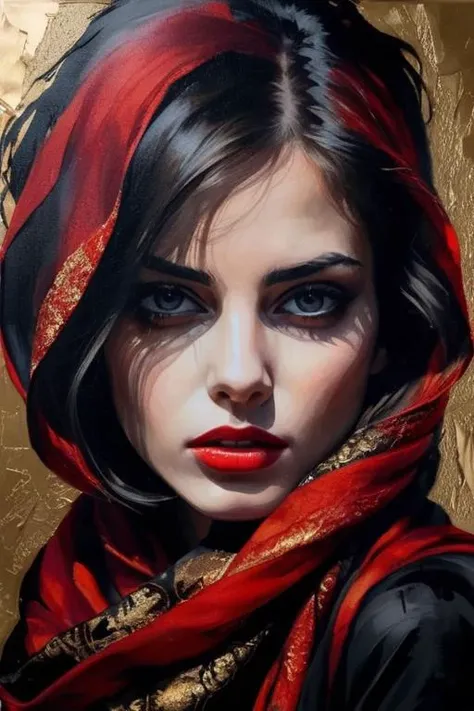 breathtaking portrait of a gorgeous girl, sultry, red scarf, dark gold and black, gossamer fabrics, jagged edges, eye-catching detail, insanely intricate, vibrant light and shadow , beauty, paintings on panel, textured background, captivating, stencil art, style of oil painting, modern ink, watercolor , brush strokes, negative white space