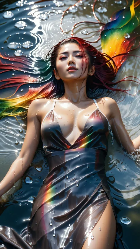 (Highest picture quality), (Master's work), (ultra-detailed), the portrait is centered, 1girl, raiden shogun, nsfw, (wet clothes), blush, bare hips, (sheer shirt), (from above:1.7), (translucent dress), water drop, (rain), (outdoors), stained, wet hair, wet dress, wet, scenery, (long hair), nature background, close up, ((on back)), water, lying in water, masterpiece, best quality, ultra high res, highly detailed, (abstract expressionism art:1.4), [girl | fire ghost:10], love, sparking fire red eyes, dark rainbow theme, colorful, visually stunning, beautiful, gorgeous, emotional, intricate, perferct shading, rainbow hair