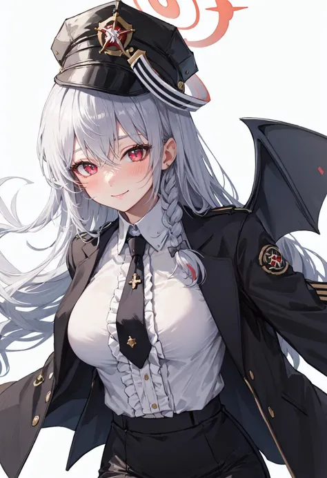 best quality, masterpiece, highres, solo, (haruna_bluearchive:1.10), 1girl, black headwear, black necktie, black skirt, collared shirt, looking at viewer, white shirt, long sleeves, black pantyhose, smile, blush, peaked cap, white background, black jacket, jacket on shoulders, simple background, bow, closed mouth, frills, 8 <lora:haruna_bluearchive:0.80>