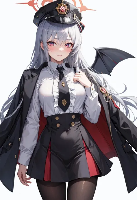 best quality, masterpiece, highres, solo, (haruna_bluearchive:1.10), 1girl, black headwear, black necktie, black skirt, collared shirt, looking at viewer, white shirt, long sleeves, black pantyhose, smile, blush, peaked cap, white background, black jacket, jacket on shoulders, simple background, bow, closed mouth, frills, 10 <lora:haruna_bluearchive:0.80>